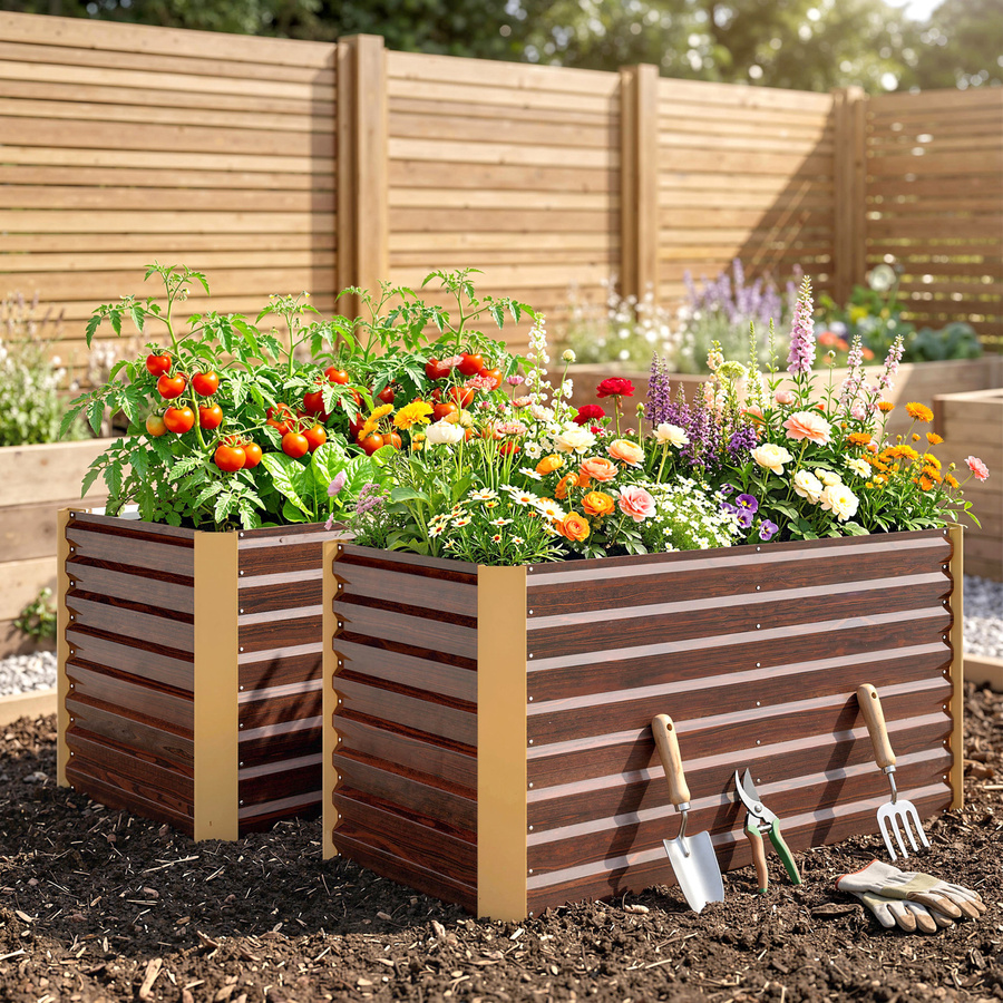 Outsunny 2er-Set Hochbeet aus verzinktem Stahl in Braun, B/H/L: 60 x 60 x 120 cm - Bild 2
