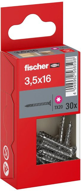 Fischer PowerFast II A2 Senkkopf TX Vollgewinde Schraube aus Edelstahl in Silber, Durchmesser: 3,5 mm, Länge: 16 mm, 30 Stück - Bild 1
