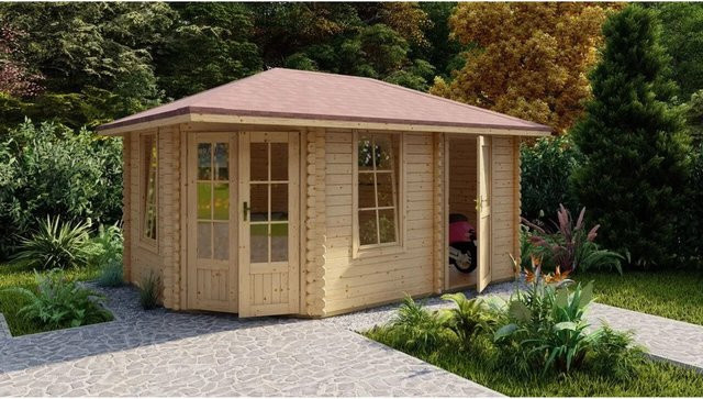 Finn Art Blockhaus Norwegen Gartenhaus aus Holz mit Abstellraum, Unbehandelt, Braun, B/T/H: 450 x 298 cm - Bild 1