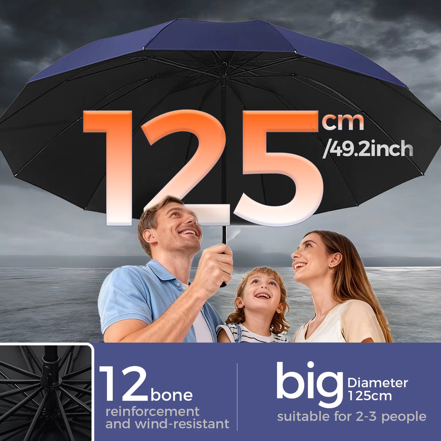 Mustarpicking Regenschirm mit 12 Knochen und verstärktem Rahmen, winddicht und wasserdicht, Durchmesser: 125 cm, Farben: Rot und Schwarz - Bild 3
