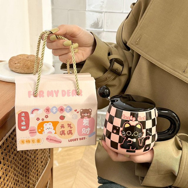 Keramische Katze-Tasse von Yiran toy 1 mit Deckel und Löffel, 350,5 ml, in Pink, Blau oder Lila - Bild 1