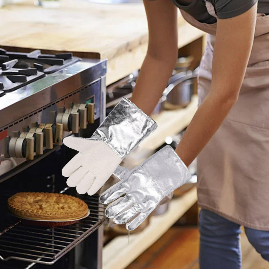 Hitzebeständige Küchenofenhandschuhe aus Rindsleder und Aluminiumfolie in Silber für BBQ, Kochen und Backen - Bild 3