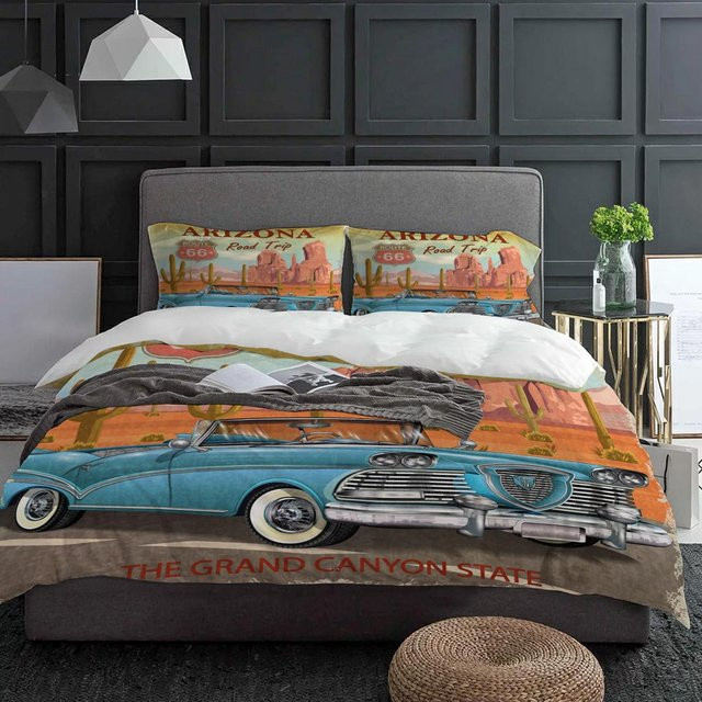 Your Warm Home Bettwäsche Set 3-teilig mit Vintage Auto und Wüstenkaktus Motiv, Multicolor, B/H: 135 x 200 cm - Bild 1