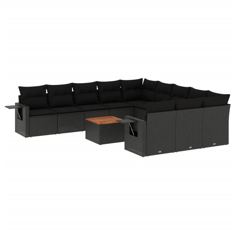 vidaXL 12-tlg. Garten-Sofagarnitur in L-Form aus Poly-Rattan und Akazienholz mit Kissen in Schwarz - Bild 2