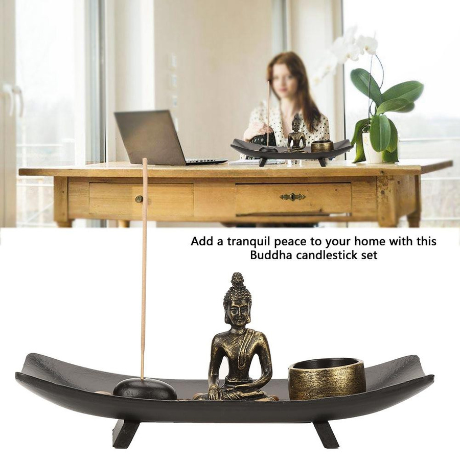 Igeteck Zen-Buddhismus Kerzenhalter und Räucherstäbchenhalter Set aus Glas und Harz in Schwarz und Transparent für deine Heimdekoration - Bild 2