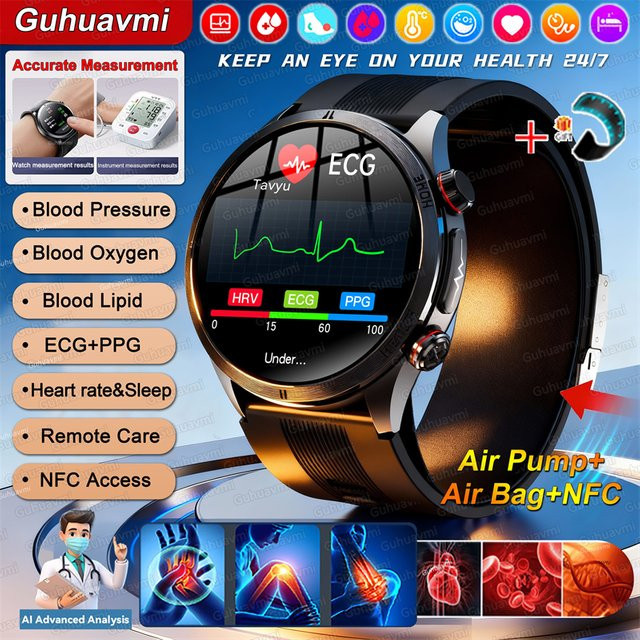 GUHUAVMI Smartwatch mit NFC, EKG und Anruffunktion zur Gesundheitsüberwachung in Schwarz oder Blau - Bild 1