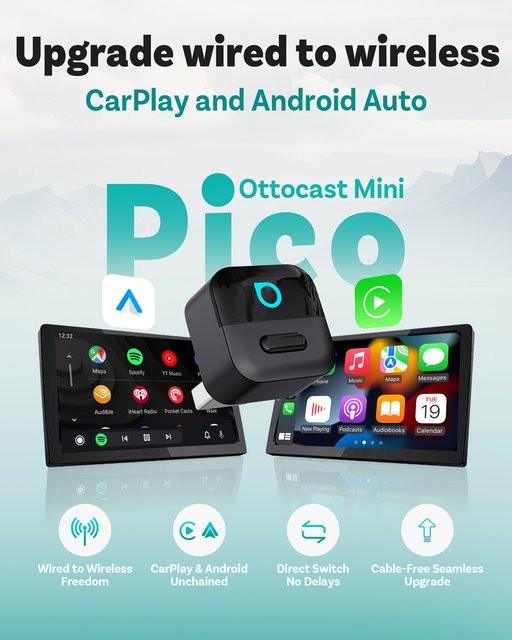 OTTOCAST Mini Pico 2-in-1 Kabelloser CarPlay und Android Auto Adapter mit WLAN 6.0 in Schwarz - Bild 1