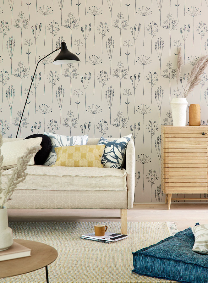 Scion Tapete Stipa Denim in Blau und Grau mit botanischem Floral-Design im skandinavischen Stil aus Vlies - Bild 1