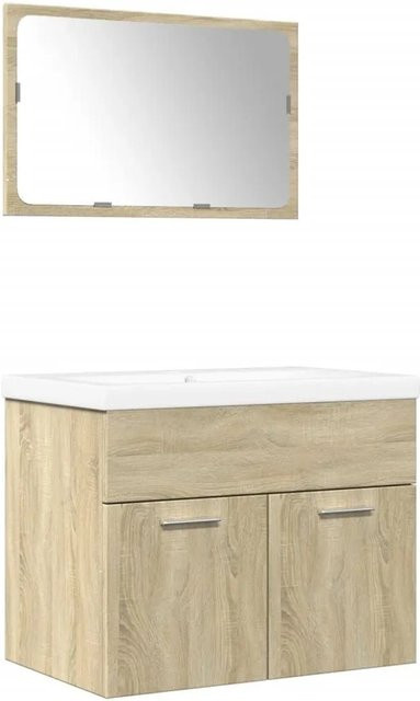 vidaXL 3-teiliges Badmöbel-Set Sonoma-Eiche aus Holzwerkstoff mit Badezimmerschrank, Einbaubecken und Spiegel, Farbe: Braun, B/T/H: 60,0 x 38,5 x 46,0 cm - Bild 1