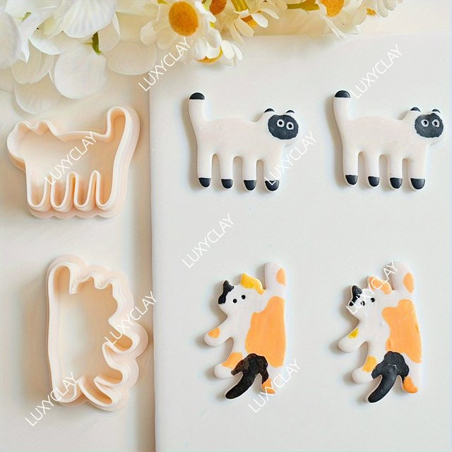 2er-Set Katzenformen aus weißem Polymer-Ton für die Herstellung von Ohrringen und Schmuck mit Stehende Katze und Kletternde Katze Mustern - Bild 1