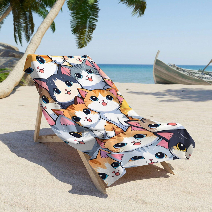 Ka Chen Muda Strandtuch mit Kawaii Katze Aufdruck, schnelltrocknend aus Polyester, weiß/mehrfarbig, B: 30 cm, H: 60 cm - Bild 2