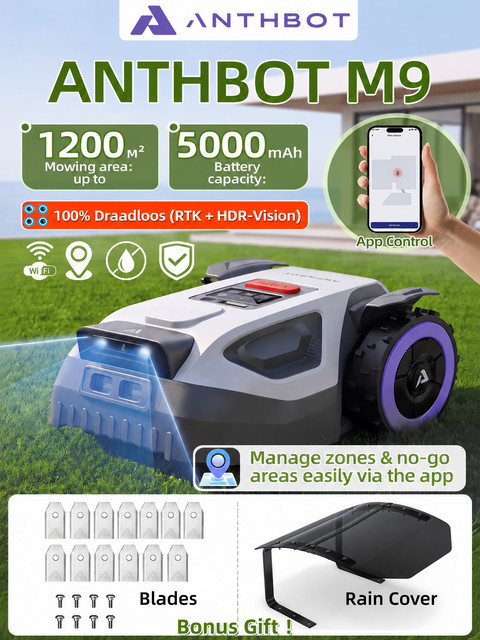 ANTHBOT M9 Kabelloser Rasenroboter mit RTK Navigation, Doppelsicht, 4G und App-Steuerung, Grau, für Gärten bis 1000 m² - Bild 1