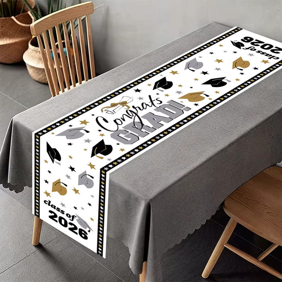 AFYPRTY Tischläufer mit Abschlussfeier-Motiv aus Polyester, Schwarz-Gold-Silber mit Sternenmuster, Breite: 35 cm, Länge: 180 cm - Bild 4