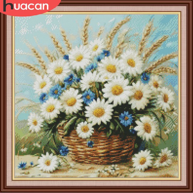 HUACAN Daisy Cross Stitch Set mit bedruckter Leinwand und DMC Garnen für florale Wanddekoration, Mehrfarbig, Breite: 30 cm, Höhe: 30 cm - Bild 1