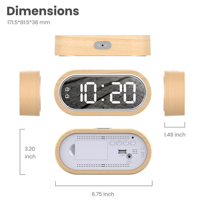 Tooarts Digitaluhr aus Buchenholz mit Thermometer, LED-Beleuchtung und Dual-Alarm in Braun, B/T/H: 17,15 x 8,15 x 3,8 cm - Bild 2