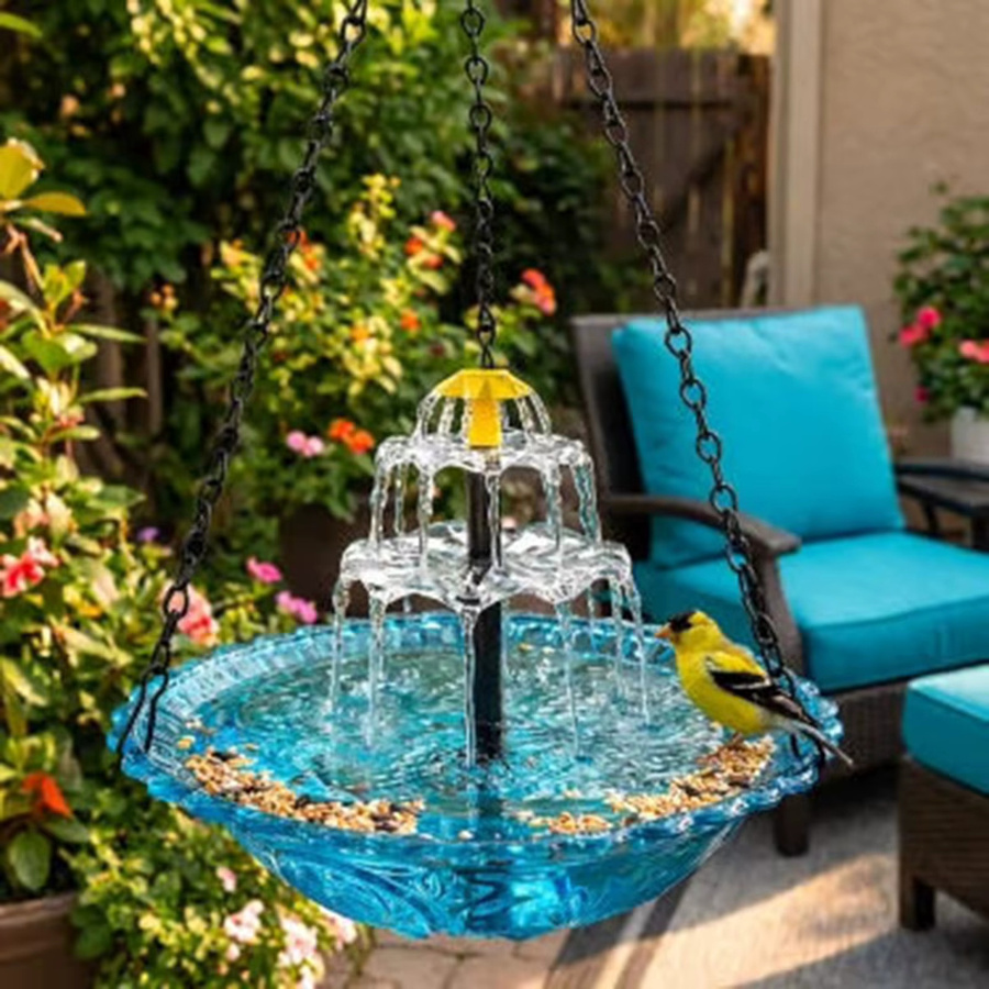 APWIKOGER Solar-Vogelbad mit Solarpumpe und blauer Glasschale, rundes Kolibri-Futterspender für Garten und Terrasse - Bild 2