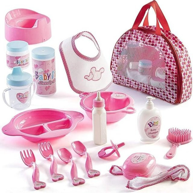 PREXTEX Baby Puppe Zubehör Set rosa 18-teiliges Set - Bild 1