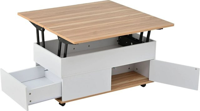 okwish Couchtisch höhenverstellbar mit Rollen und Schubladen in Weiß B/T/H: 100 x 98 x 30 cm - Bild 1