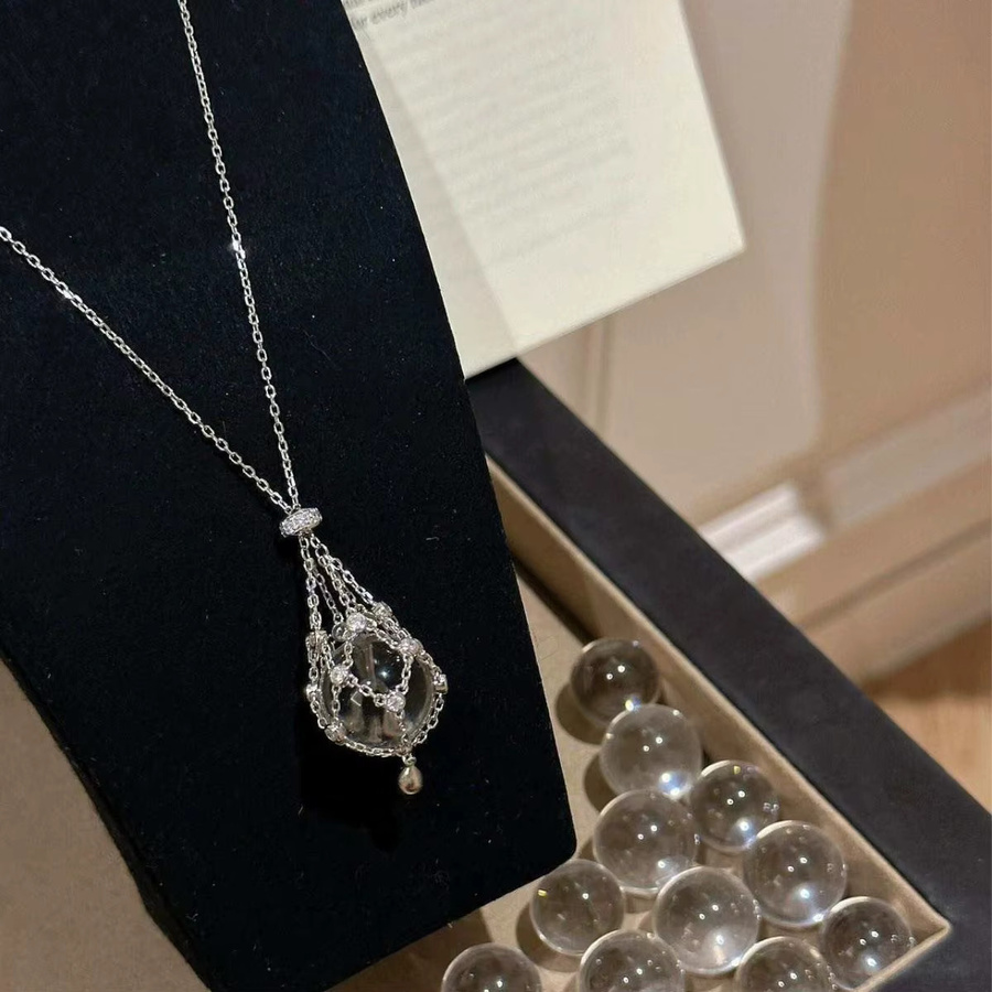 yiwanwan Halskette, 925 Sterlingsilber, weißer Kristall, Mesh-Anhänger, Unisex - Bild 2
