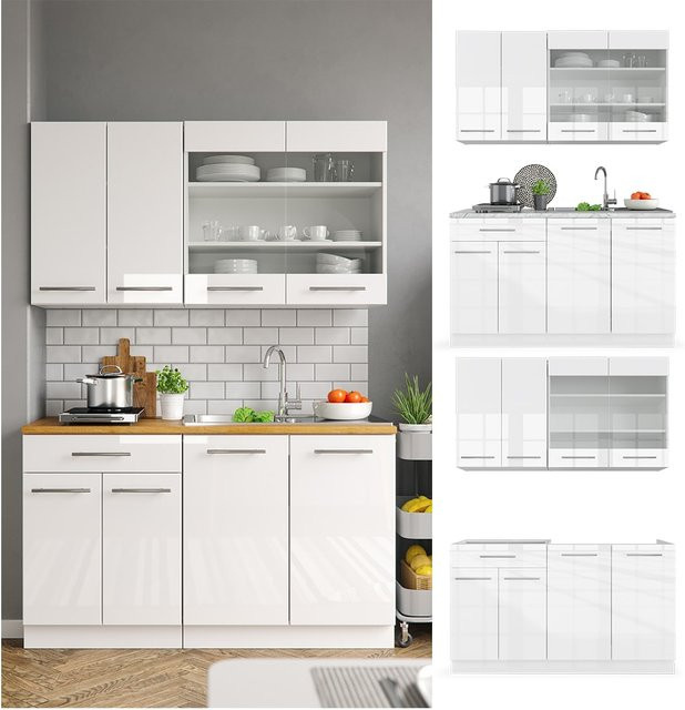 Vicco Küchenzeile Fame-Line Single Einbauküche in Weiß Hochglanz, Breite: 140 cm - Bild 1