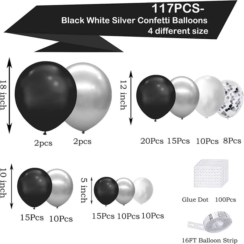 Ballon Girlande Set in Schwarz, Weiß und Silber mit Konfetti-Effekt aus Latex für Abschluss, Geburtstag oder Verlobung - Bild 3