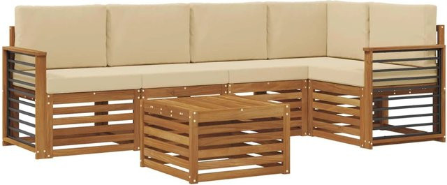 vidaXL Sofagarnitur 6-teilig L-Form aus Massivholz Akazie in Natur und Beige mit Polsterung und Kissen - Bild 1