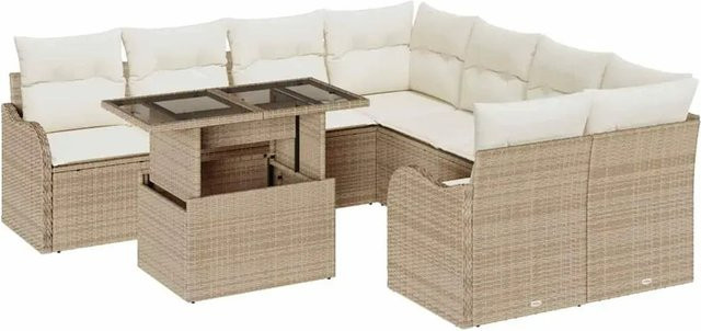 vidaXL 9-teiliges Garten-Sofa-Set aus Poly Rattan mit Kissen in Beige-creme - Bild 1