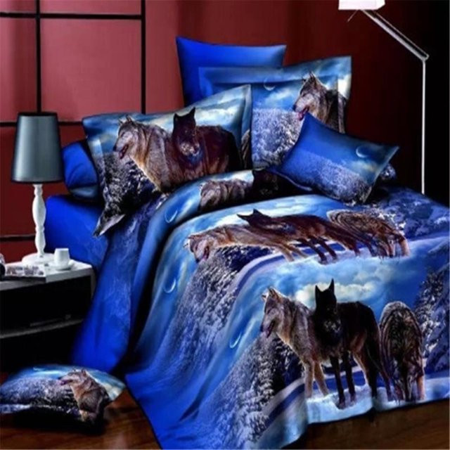One Faith Bettwäsche-Set mit 3D Wolf-Print in Blau, bestehend aus Bettbezug und Kissenbezügen aus Polyester, Breite: 150 cm, Länge: 210 cm - Bild 1