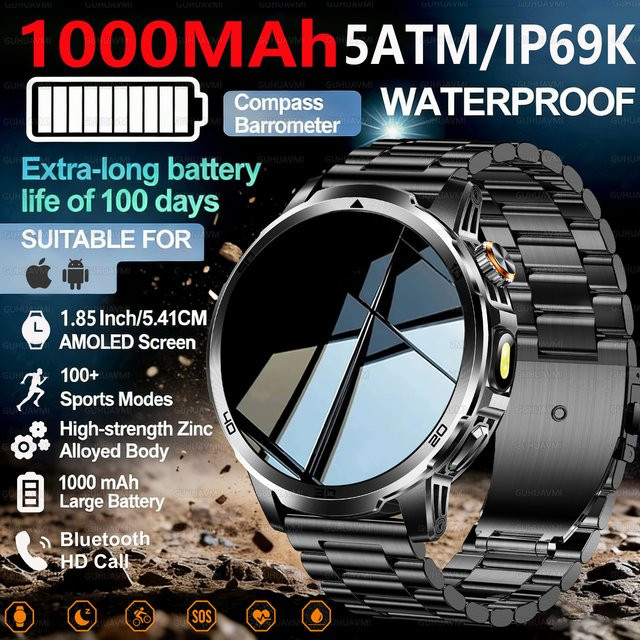 GUHUAVMI Outdoor-Abenteuer-Smartwatch mit 1,85 Zoll Display, 10ATM Wasserdicht, GPS, Bluetooth-Sprachanruf und 1000mAh Akku in Schwarz und Grau - Bild 1