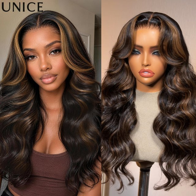UNice Echthaarperücke Body Wave, Golden Brown Highlights, 150 % Dichte - Bild 1