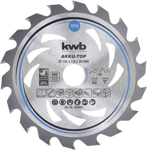 Kwb Hartmetall Kreissägeblatt für Holz und Kunststoff, Farbe: Silber, Durchmesser: 135 mm, Bohrung: 20 mm, Schnittdicke: 1,0 mm, 18 Zähne - Bild 1