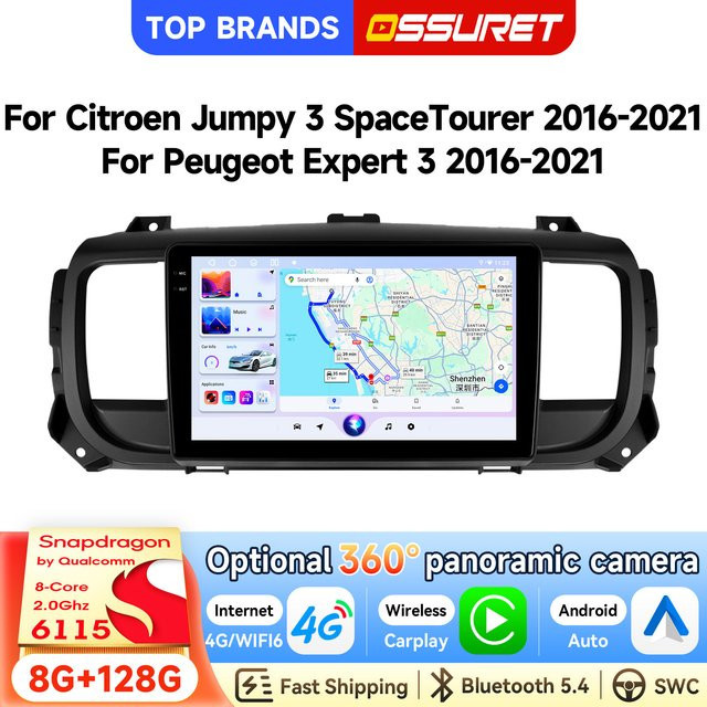 OSSURET Android 14 Multimedia-Autoradio mit Qualcomm 6115 8-Kern-Prozessor für Peugeot Expert 3 und Citroen Jumpy 3 SpaceTourer 2016-2021, Schwarz, optional mit 360 Grad Panorama AHD Kamera, SWC und DSP - Bild 1