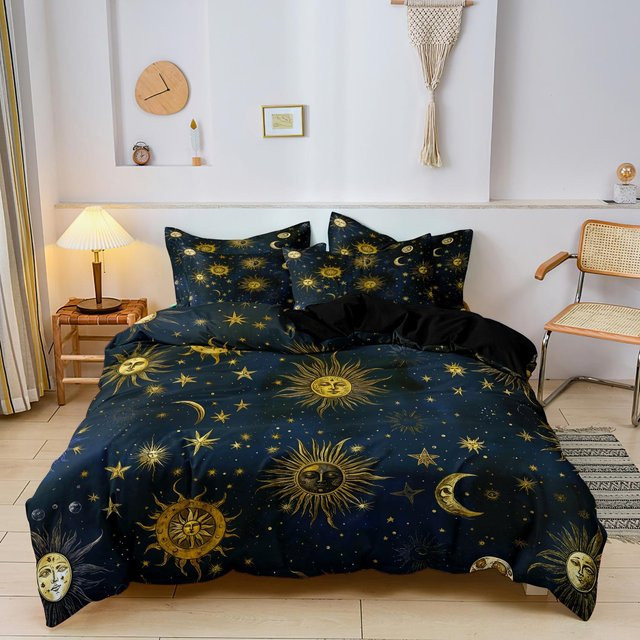 3-teiliges Bettwäsche-Set mit Sonne und Mond Muster in Blau, weiche Microfaser Bettwäsche mit 1 Bettbezug und 2 Kissenbezügen, B/H: 140 x 210 cm - Bild 1