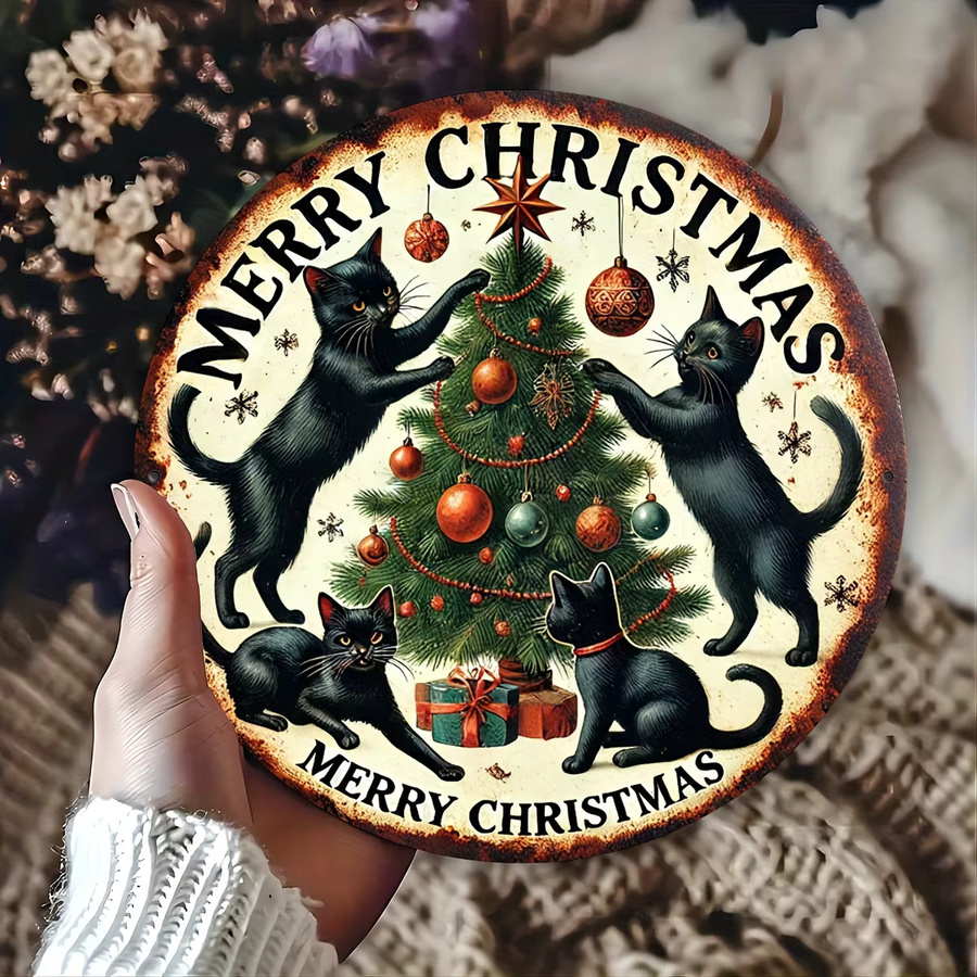 Rundes Metallschild von Potdemiel mit schwarzer Katze für Weihnachtsdekoration, Durchmesser: 20,32 cm - Bild 4