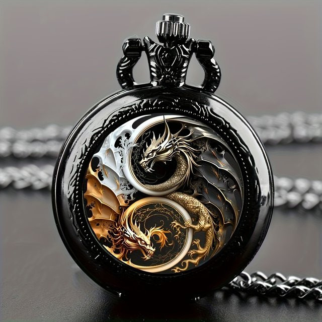 Taschenuhr mit Halskette, Quarz, Gold und Bronze, Herren - Bild 1