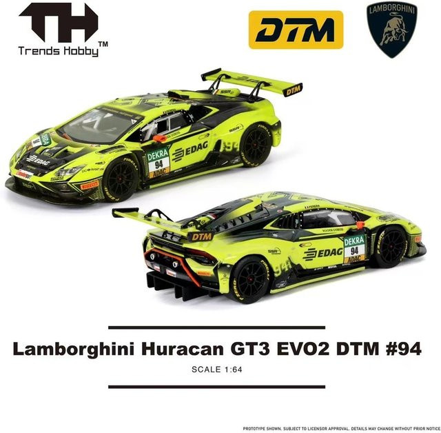 Trends Hobby Lamborghini GT3 EVO2 DTM Porsche Taycan Turbo GT, Automodell, 1:64, Metall, Gelb - Bild 1
