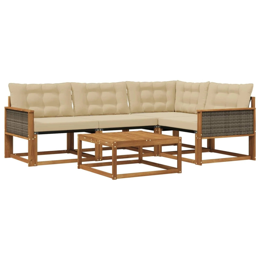 vidaXL Outdoor-Sofagarnitur L-Form aus massivem Akazienholz mit Textilene und 5 Kissen in Natur-Beige - Bild 2