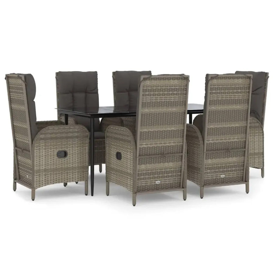 vidaXL 7-teilige Garten-Essgruppe aus Poly Rattan mit Kissen in Schwarz und Grau und Tisch mit gehärtetem Glas - Bild 2