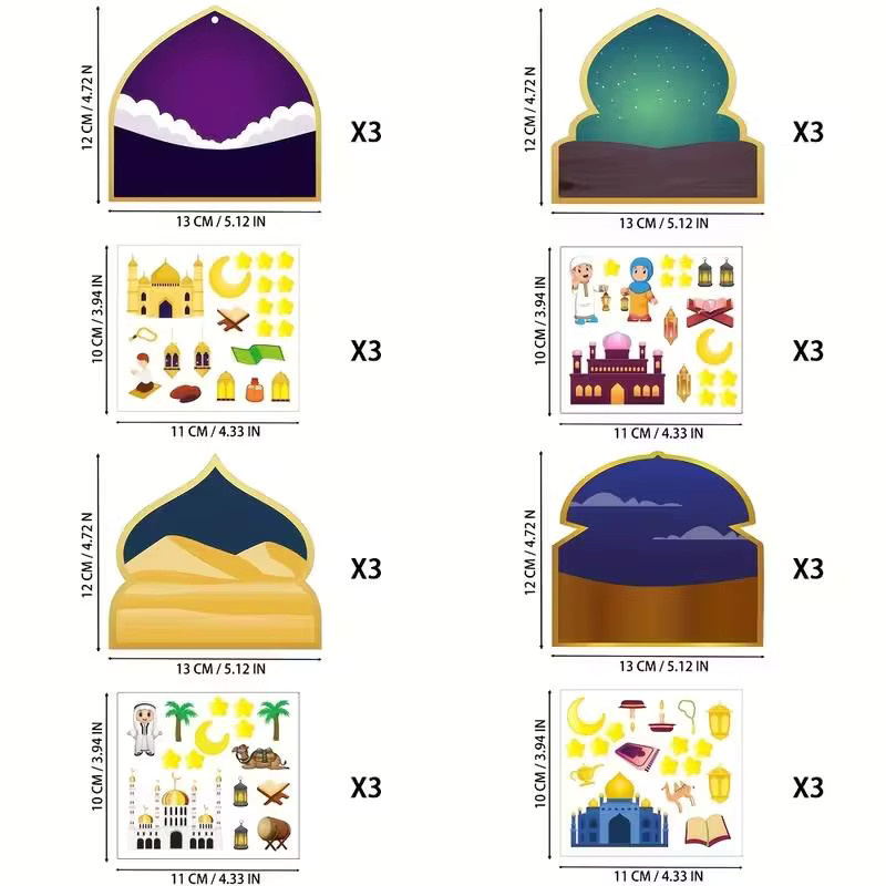ZQNYCY 36 Stück Eid Mubarak DIY Szenenaufkleber Set mit Band als Ramadan Kinder Geschenk und Islamische Muslim Party Dekoration in Mehrfarbig - Bild 3