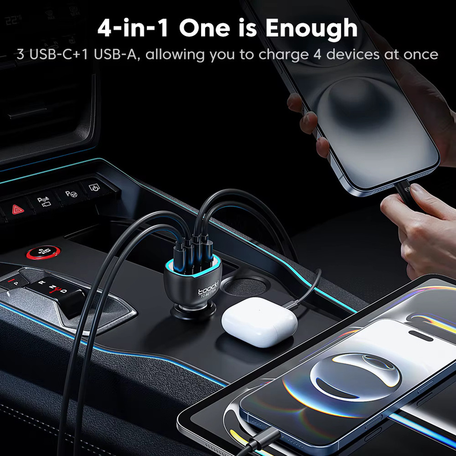 Toocki Mini-Autoladegerät mit 4 Anschlüssen und Ambientebeleuchtung in Schwarz, 120W/90W Schnellladung mit USB Typ-C für Samsung und iPhone - Bild 2
