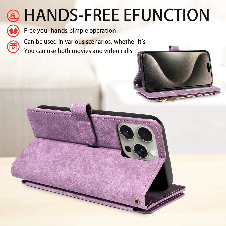 EAACAA Leder-Handyhülle für iPhone 17 Pro Max, 17 Pro, 17E und 17 Air mit Reißverschluss, Magnetständer und Brieftaschenfunktion in Schwarz oder Lila - Bild 3