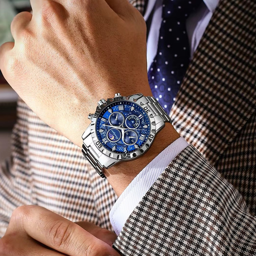 POEDAGAR Chronograph, Quarz, Edelstahl, Blau, Herren - Bild 6