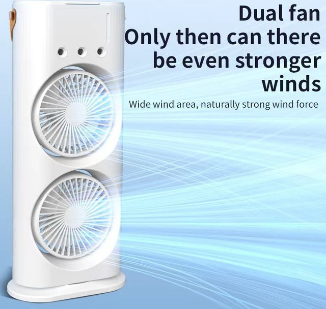 Donirt Doppelköpfiger Spray-Klimaanlagenventilator in Weiß mit Fernbedienung und Nachtlicht, wiederaufladbarer USB-Schreibtisch-Luftkühler mit 3 Geschwindigkeiten - Bild 1