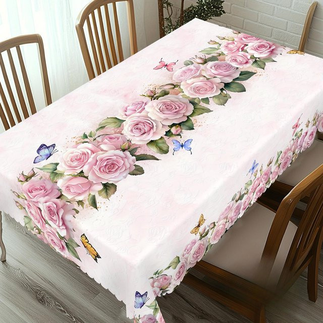 JMG Household Supplies Tischdecke aus Leinen mit rosa Rosenblüten und Schmetterlings-Design, rechteckig, B/T: 100 x 160 cm - Bild 1