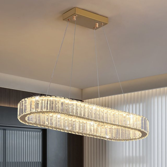 GreeLustr Moderner LED Kronleuchter in Ovalem Design mit Kristall und Metall in Gold/Messing für Wohnzimmer und Küche - Bild 1