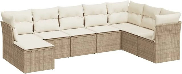 vidaXL 8-teilige Garten-Sofagarnitur in U-Form aus Poly-Rattan in Beige mit Kissen und Gartenhocker - Bild 1