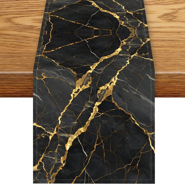 JINGYUE Pet Tischläufer aus Leinen mit abstraktem Schwarz-Gold-Marmor-Design, B/H: 150 x 33 cm, Braun - Bild 1