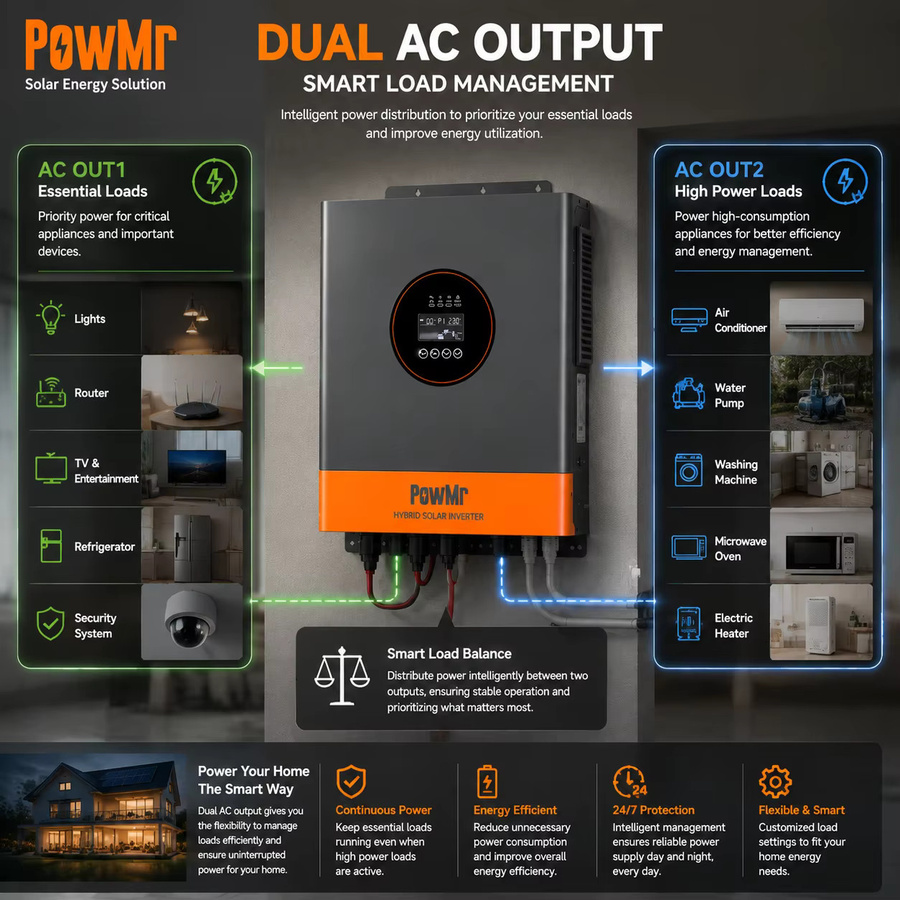 PowMr 12000W 48V Hybrid Solar Wechselrichter mit MPPT 160A Laderegler, Doppel-PV 60-450VDC, 15000W Eingang, Netzunabhängiger Sinus UPS für Blei- und Lithiumakkus - Bild 4