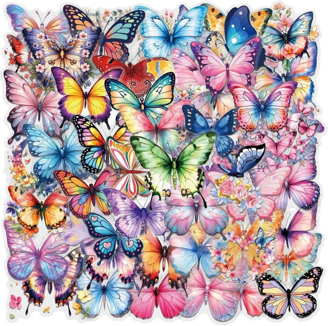 60er-Set bunte Schmetterlings-Aufkleber von RecordingYourLife Store, wasserfeste transparente PET-Aufkleber für Gitarren und Notebooks - Bild 1