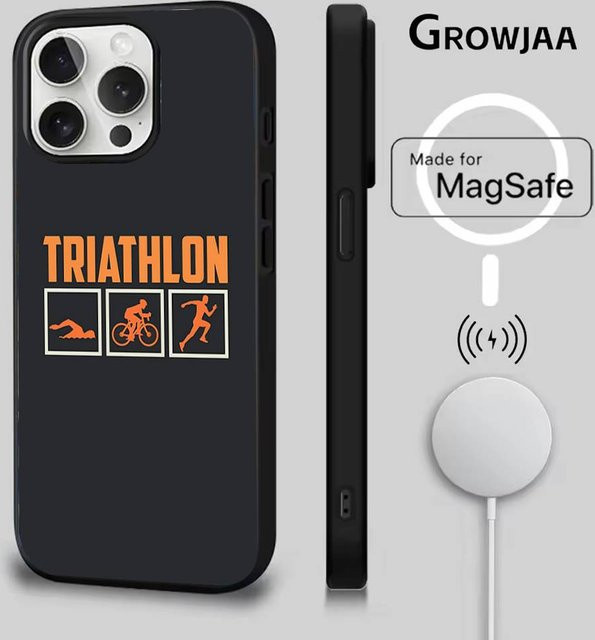 Magnetische MagSafe Handyhülle für Apple iPhone (17, 16, 15, 14, 13, 12, 11, Pro, Max, Plus, Mini, SE) für Triathlon Schwimmen Radfahren Laufen in Schwarz - Bild 1